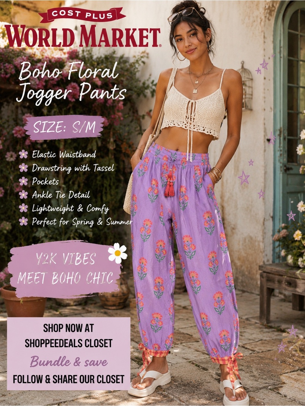 Colorful Floral Boho Jogger Pants with Tassel Drawstring | Elastic Waist